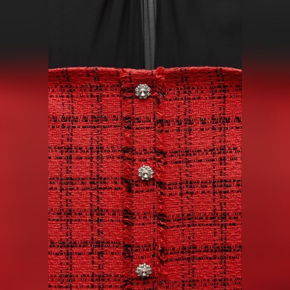 NWT ZARA Bloggers Fav COMBINATION STRUCTURED DRESS Mini Red black tweed Jewel - Picture 13 of 17